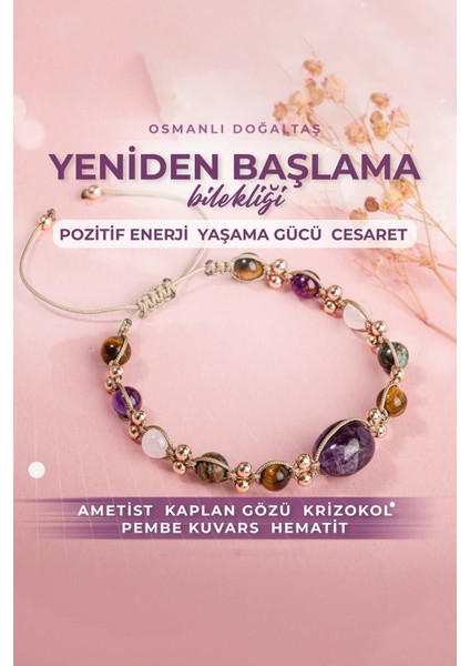 Doğal Taşlı Yeniden Başlama Bilekliği Mor Ametist ve Kaplan Gözü Detaylı El İşçiliği