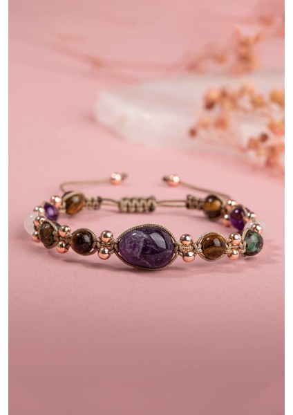 Doğal Taşlı Yeniden Başlama Bilekliği Mor Ametist ve Kaplan Gözü Detaylı El İşçiliği modelleri