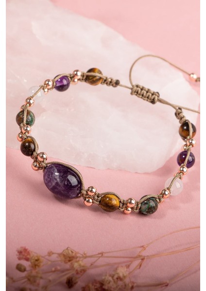 Doğal Taşlı Yeniden Başlama Bilekliği Mor Ametist ve Kaplan Gözü Detaylı El İşçiliği indirimleri