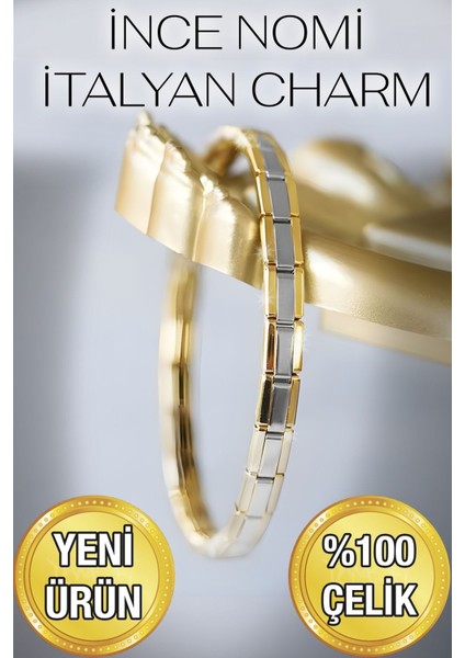 Ince Nomi Italyan Charm Çelik Gümüş ve Altın Bileklik