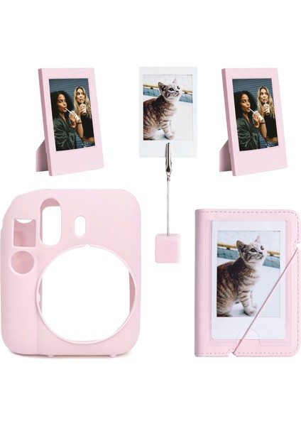 Mini 12 Pembe Slikon Kılıf Mini 28'li Albüm ve Fotoğraf Çerçeveleri Aksesuar Seti