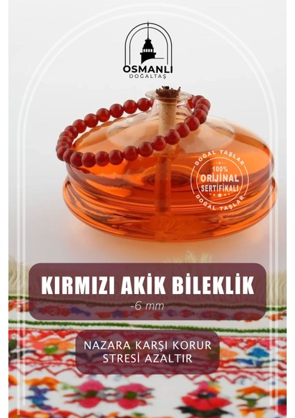 Sertifikalı Kırmızı Akik Doğal Taş Bileklik, Çok Renkli, 6mm, Şık ve Doğal Tasarım