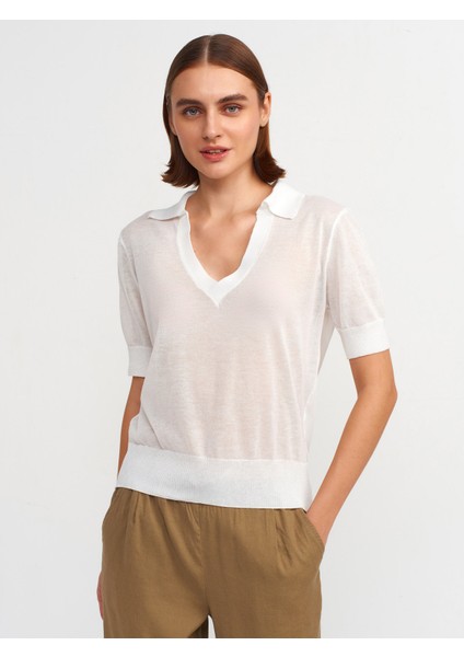 10570 Polo Yaka Transparan Bluz-Beyaz