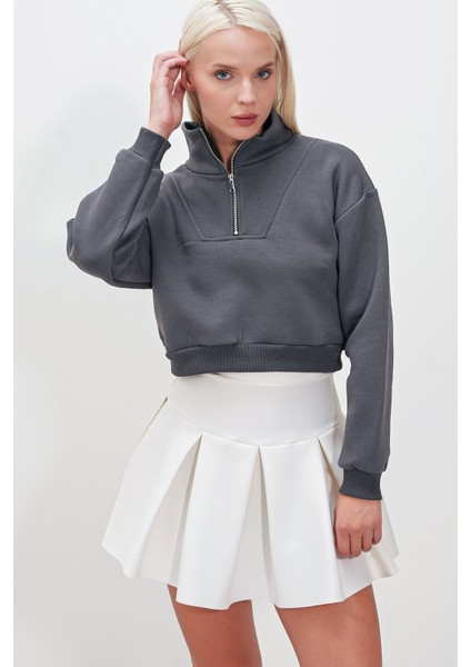 Üç Iplik Kol Ucu Etek Lastikli Yarım Fermuarlı Sweat