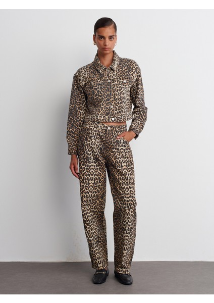 71698 Leopar Desenli Denim Pantolon-Kahve