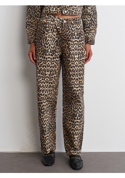 71698 Leopar Desenli Denim Pantolon-Kahve