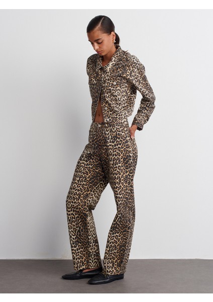 71698 Leopar Desenli Denim Pantolon-Kahve