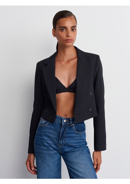 60742 Kruvaze Düğmeli Crop Blazer-Siyah