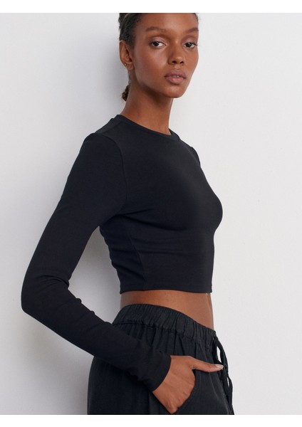 31236 Uzun Kollu Crop Top-Siyah
