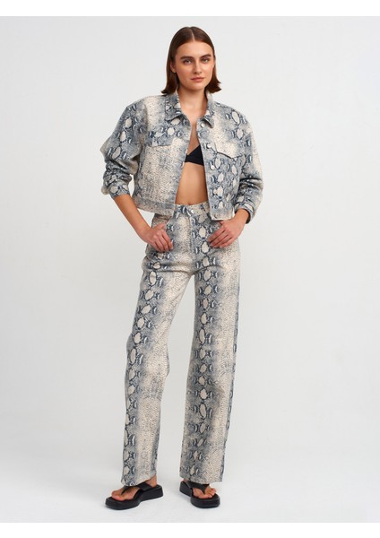 71692 Yılan Desen Wideleg Denim Pantolon-Ekru