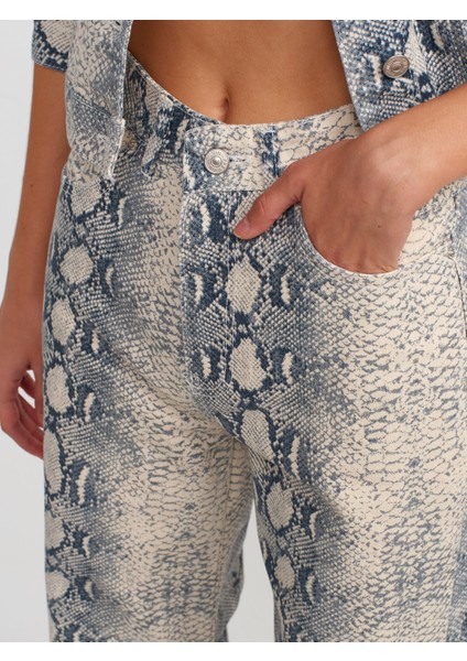 71692 Yılan Desen Wideleg Denim Pantolon-Ekru fırsatları