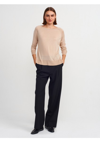10536 Bisiklet Yaka Basic Ince Triko Kazak-Açık Bej modelleri