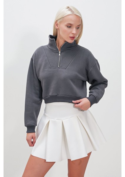 Üç Iplik Kol Ucu Etek Lastikli Yarım Fermuarlı Sweat fiyatları