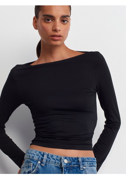 31213 Kayık Yaka Uzun Kollu Top-Siyah indirimleri