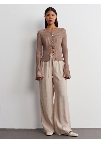 71515 Belden Lastikli Dökümlü Pantolon-Taş