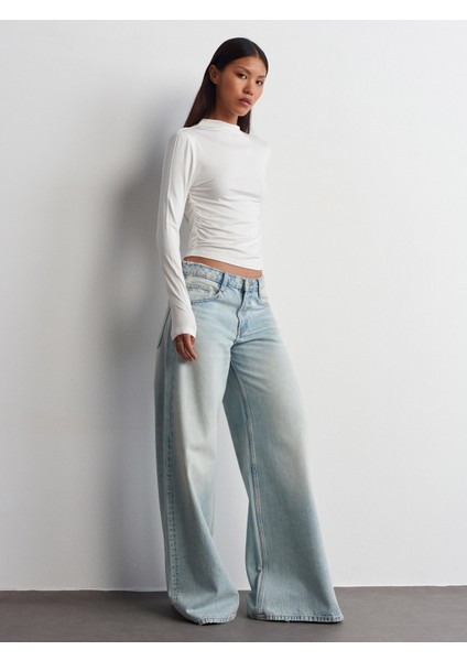 30504 Yandan Büzgülü Uzun Kollu Bluz-Ekru fiyatları