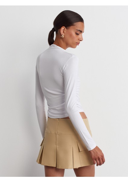 30504 Yandan Büzgülü Uzun Kollu Bluz-Beyaz fiyatları