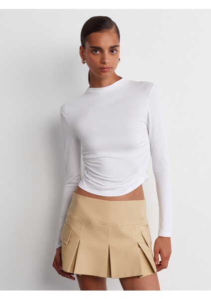 30504 Yandan Büzgülü Uzun Kollu Bluz-Beyaz modelleri