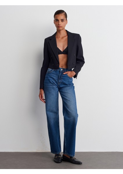 71688 Taşlanmış Wideleg Denim Pantolon-Lacivert