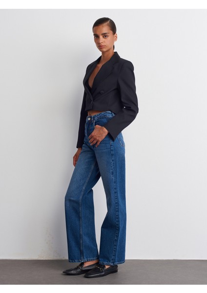 71688 Taşlanmış Wideleg Denim Pantolon-Lacivert fiyatları