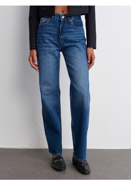 71688 Taşlanmış Wideleg Denim Pantolon-Lacivert indirimleri