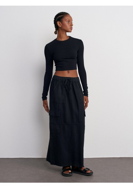 31236 Uzun Kollu Crop Top-Siyah