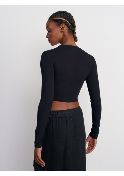 31236 Uzun Kollu Crop Top-Siyah
