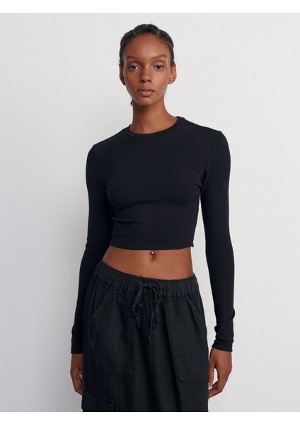 31236 Uzun Kollu Crop Top-Siyah