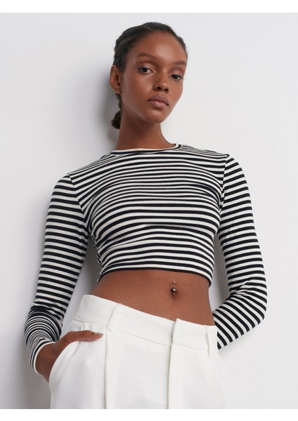 31232 Çizgili Uzun Kollu Crop Top-Ekru-Siyah