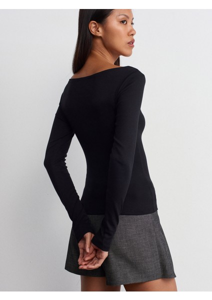 31332 Kayık Yaka Uzun Kollu Top-Siyah fiyatları