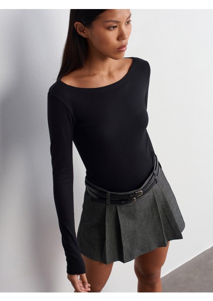 31332 Kayık Yaka Uzun Kollu Top-Siyah indirimleri