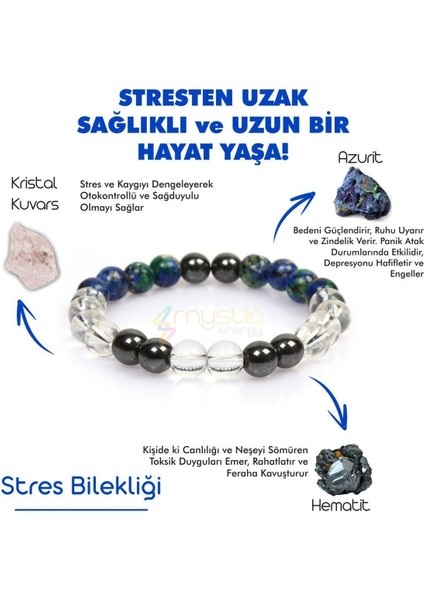 Sertifikalı Doğal Taş Stres Tılsım Bilekliği (Azurit,hematit, Kristal Kuvars Taşı Doğaltaş Bileklik