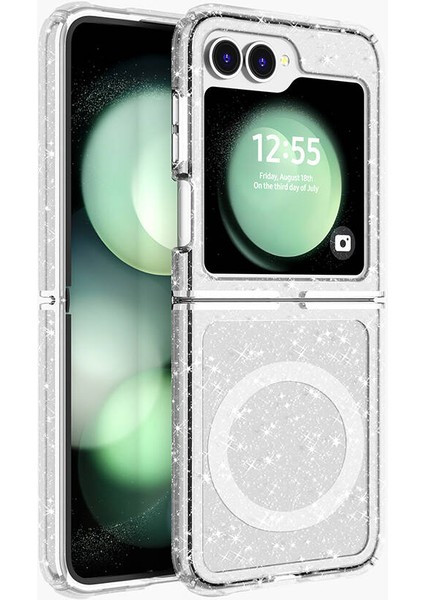 Galaxy Z Flip 6 Kılıf Magsafe Şarj Özellikli Parlayan Simli Saydam Renkli Allstar Kapak