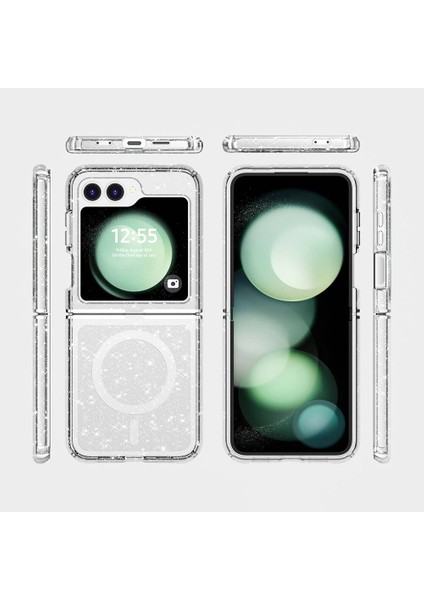 Galaxy Z Flip 6 Kılıf Magsafe Şarj Özellikli Parlayan Simli Saydam Renkli Allstar Kapak