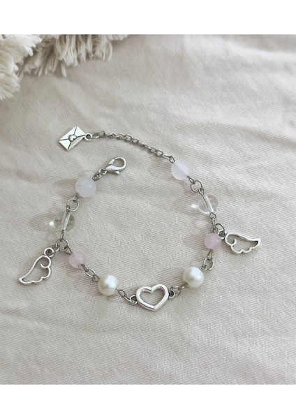 Pembe kuvars aytaşı doğal taş el yapımı kalp kanatlı bileklik fiyatları