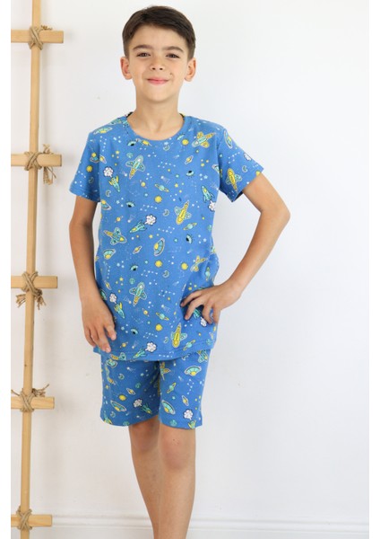Erkek Çocuk Baskılı Pamuklu Penye Kumaş Şortlu Pijama Takımı