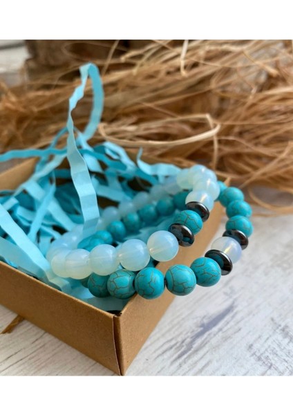 Doğal Opal ve Firuze Taşı Çift Takım, Mavi Renk, Şık ve Enerji Dolu Parça