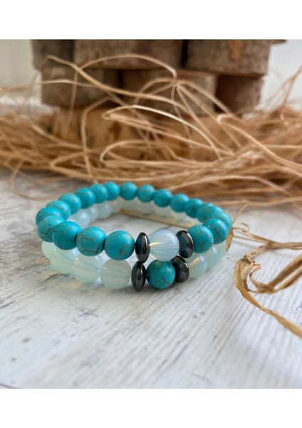 Doğal Opal ve Firuze Taşı Çift Takım, Mavi Renk, Şık ve Enerji Dolu Parça fiyatları