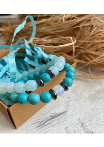 Doğal Opal ve Firuze Taşı Çift Takım, Mavi Renk, Şık ve Enerji Dolu Parça fırsatları