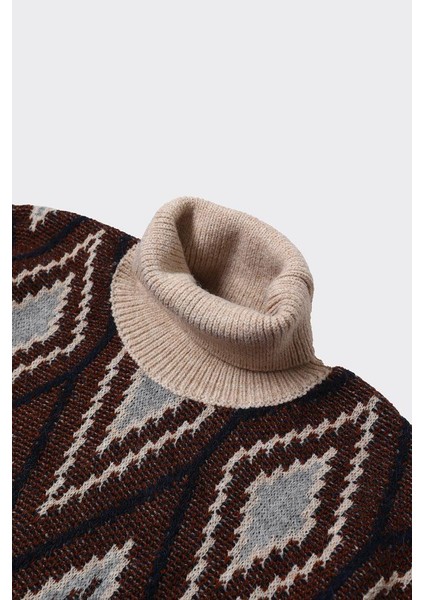 Pamuklu Tam Balıkçı Yaka Desenli Erkek Kazak - KAW6905W