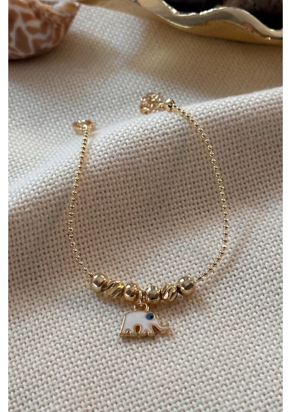 Fil figürlü ince zincirli zarif bileklik, pirinç, altın renk, şık tasarım, TR menşei