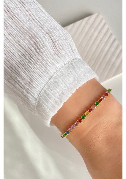 Çok Renkli Zirkon Taşlı Altın Kaplama Su Yolu Bileklik modelleri