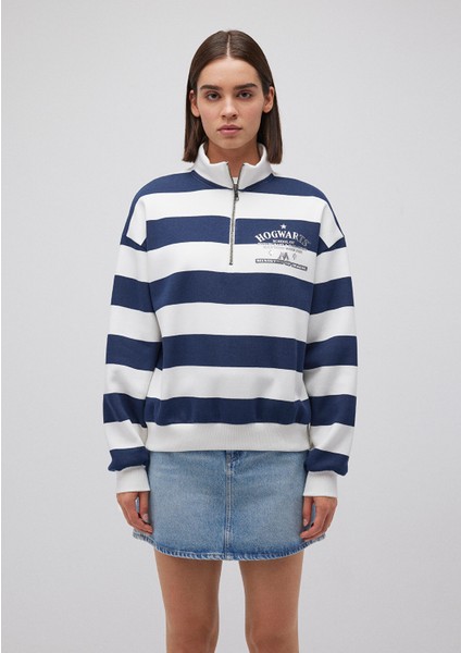 Hogwarts Baskılı Lacivert Çizgili Sweatshirt 1S10263-84634