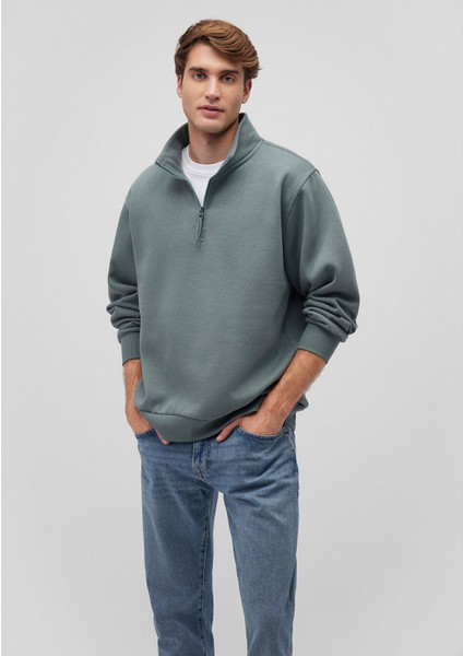 Yarı Fermuarlı Yeşil Basic Sweatshirt 0S10278-71577