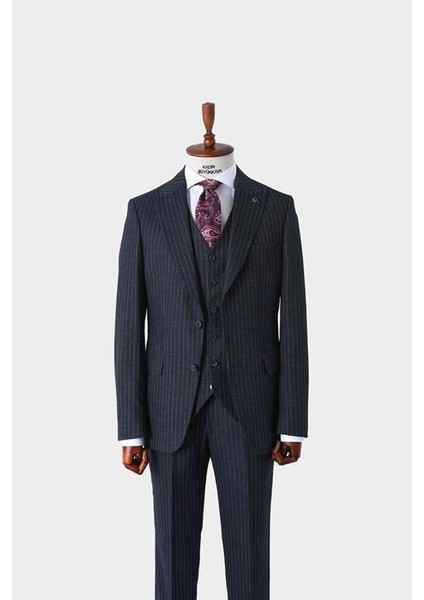 Slim Fit Viskon Karışımlı Yelekli Erkek Takım Elbise - Dört Mevsim - KAW1022S