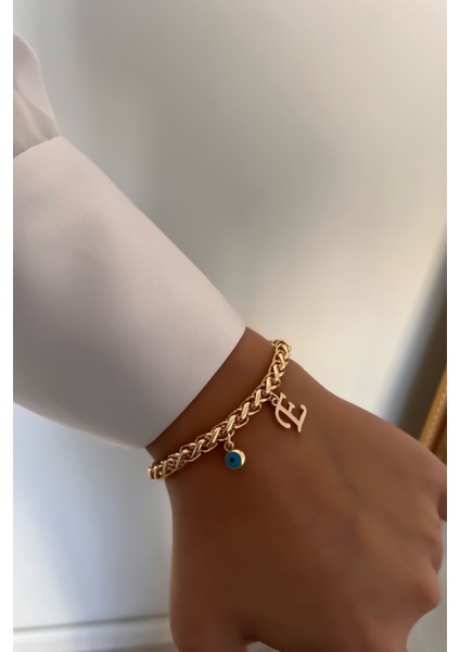 Kişiye Özel E Harfli ve Nazarlı Kalın Zincir Bileklik, Altın Kaplama, Pirinç Malzeme