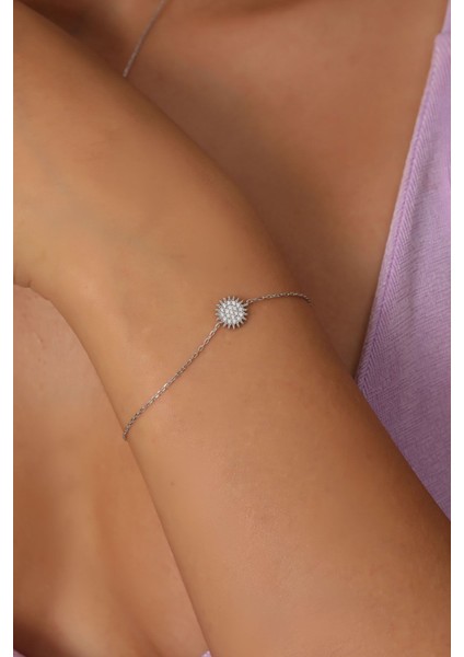 925 Ayar Gümüş Zincirli Beyaz Zirkon Güneş Modeli Bileklik