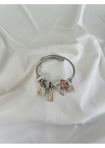 Uzay Accessories 316L Çelik Pandora, Taşlı Kalp Detaylı Charm Bileklik