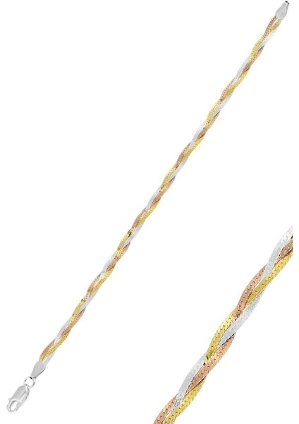 Çok Renkli Gümüş Rose Rodaj ve Altın Yaldızlı Örgülü Bileklik, Zirkon Taşlı