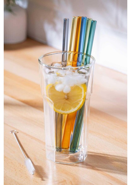 Sarı Cam Pipet Seti - 7 Parça, Düz Desenli, Standart Boy, Soğuk İçecekler için Mükemmel